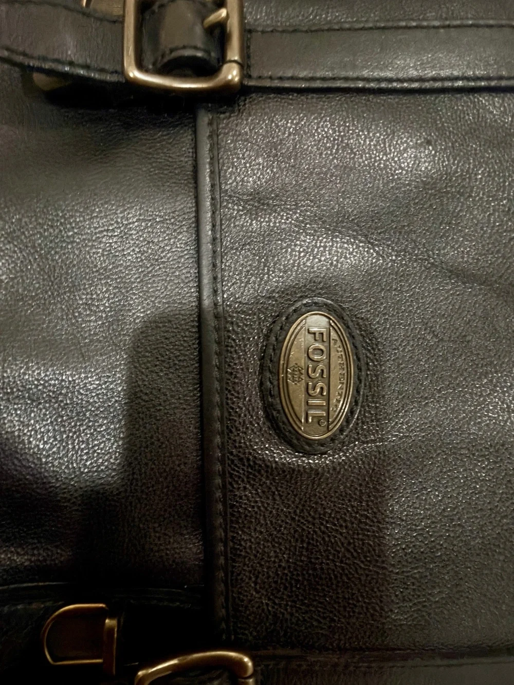 Fossil Black Leather Messenger Crossbody Bag with Brass Hardware